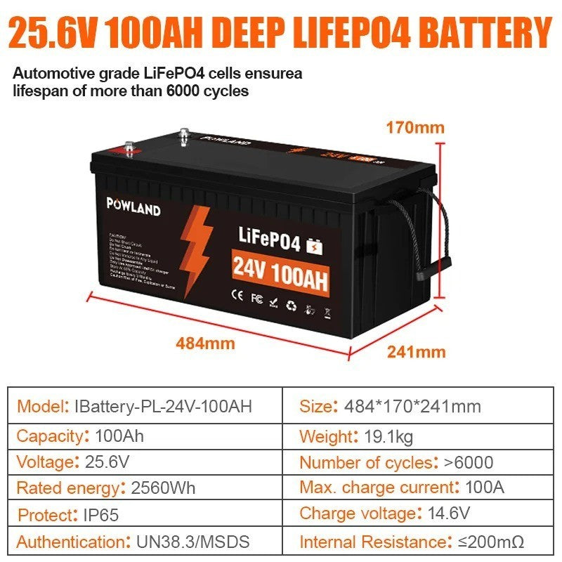 Batteria LiFePO4 24V 100Ah POWLAND 25.6V 2560Wh - 6000+ Cicli - Solare Camper