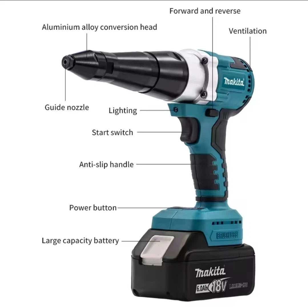 Makita Rivettatrice Elettrica Brushless 18V – Ugelli 3,2/4,0/4,8mm No Battery