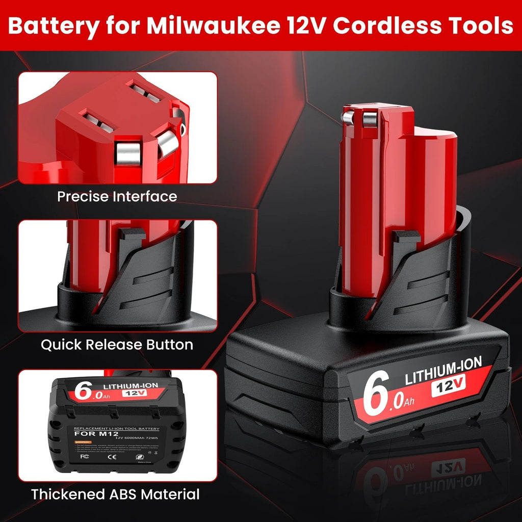 Batteria di Ricambio 12V 6.0Ah per Utensili Milwaukee M12 | Batteria agli Ioni