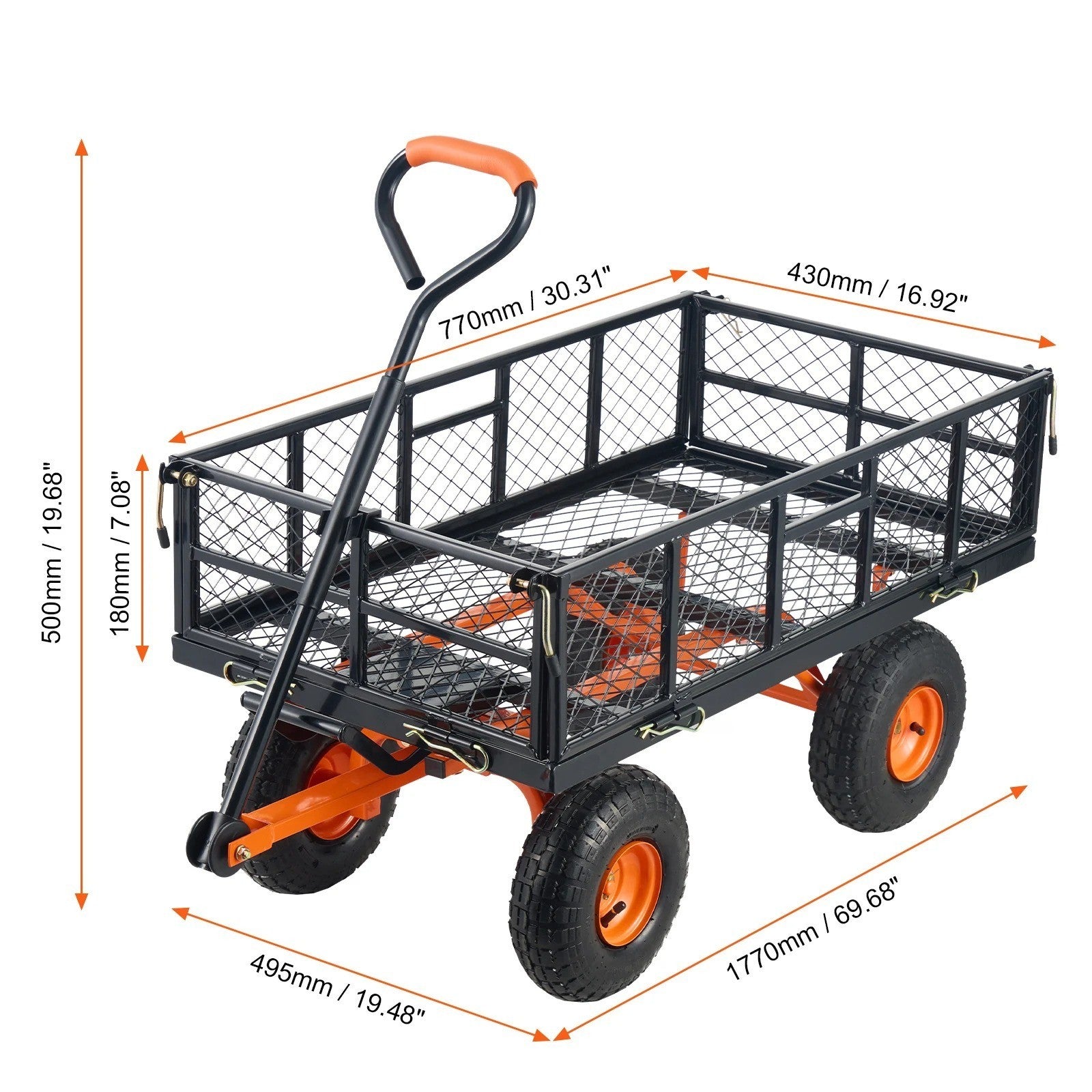 Carrello da Giardino Ribaltabile 180kg Acciaio Rimorchio a Mano Sponde Rimovibil