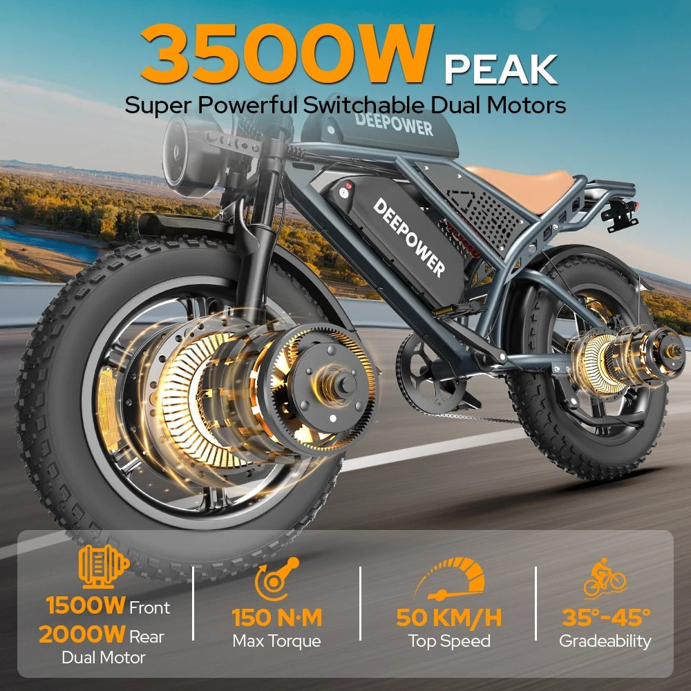 DEEPOWER S8 Bicicletta Elettrica Fat Bike 3500W Peak | Batteria Rimovibile 48V 60Ah | Autonomia fino a 240 km | Ruote All-Terrain 20"x4.0" | Velocità Max 50 km/h