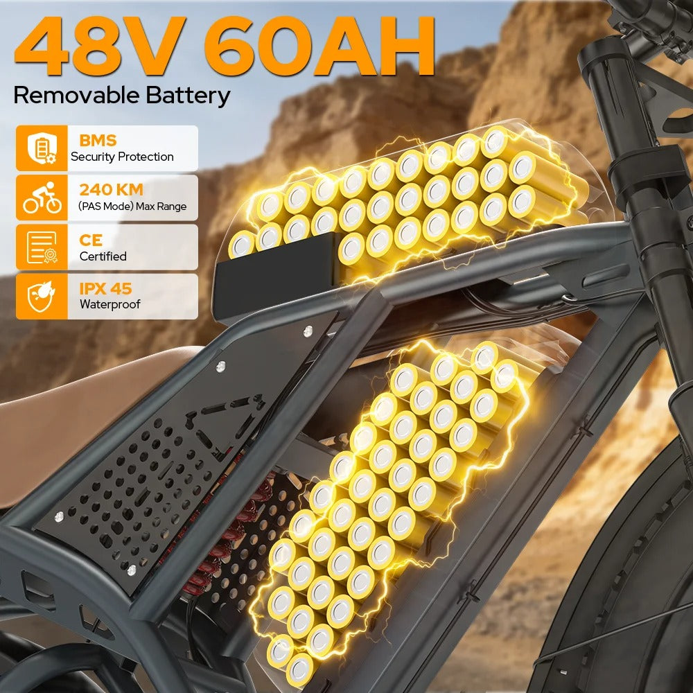 DEEPOWER S8 Bicicletta Elettrica Fat Bike 3500W Peak | Batteria Rimovibile 48V 60Ah | Autonomia fino a 240 km | Ruote All-Terrain 20"x4.0" | Velocità Max 50 km/h