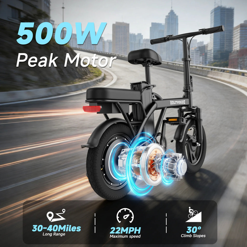 Bici Elettrica VOLTVOGUE E-Bike 14" 500W 48V 5.2Ah Scooter Compatto per Adulti