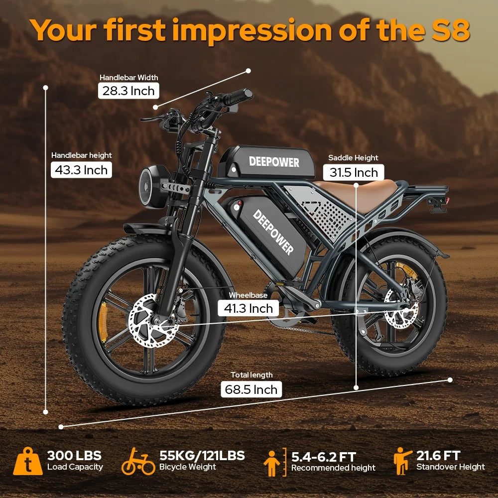 DEEPOWER S8 Bicicletta Elettrica Fat Bike 3500W Peak | Batteria Rimovibile 48V 60Ah | Autonomia fino a 240 km | Ruote All-Terrain 20"x4.0" | Velocità Max 50 km/h