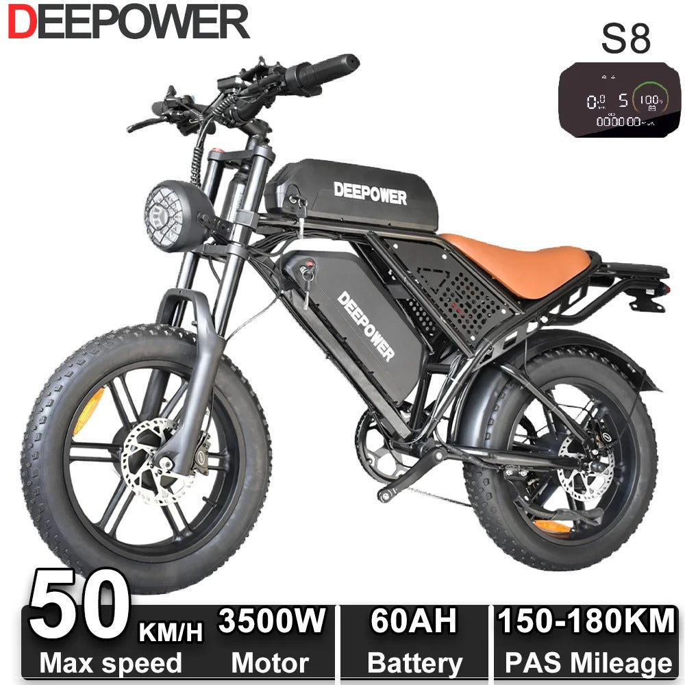 DEEPOWER S8 Bicicletta Elettrica Fat Bike 3500W Peak | Batteria Rimovibile 48V 60Ah | Autonomia fino a 240 km | Ruote All-Terrain 20"x4.0" | Velocità Max 50 km/h